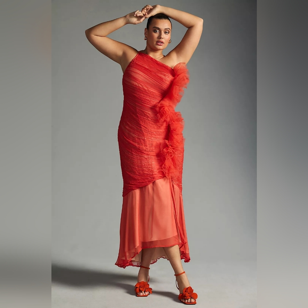 Anthropology Vineet Bahl Elegant Red/Orange One-Shoulder Dress NWT 2X plus size